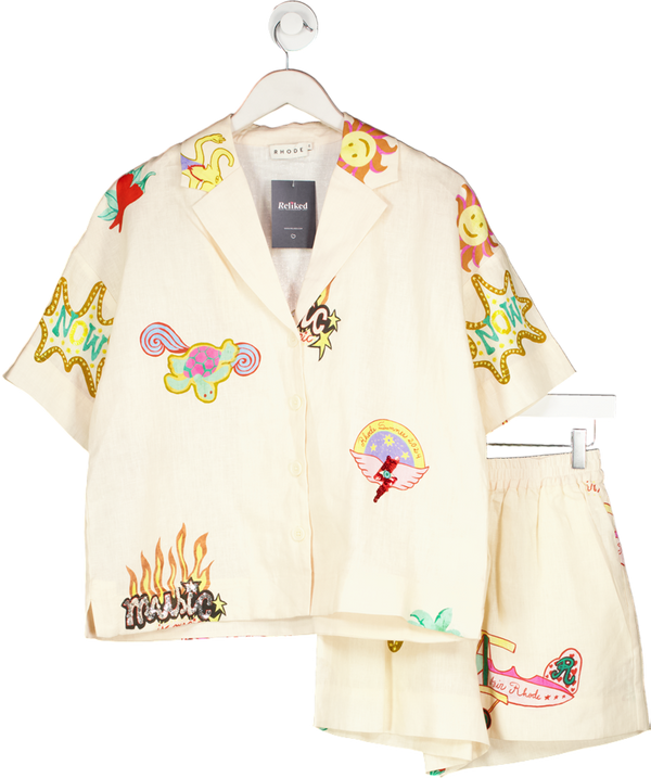 RHODE RESORT Cream 2-piece Linen Nola Shirt And Audrina Shorts In Do Re Mi Print ⁠ UK XS