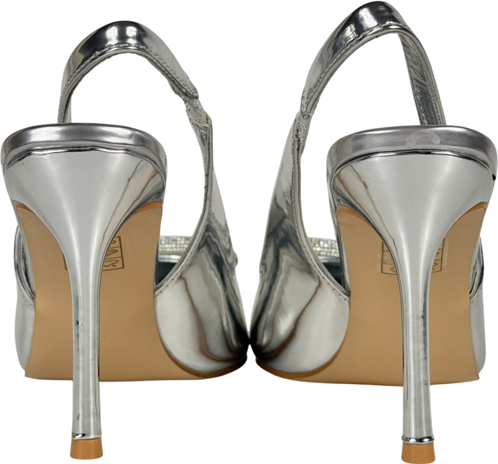 Public Desire Metallic Floss Mirror Silver Diamante Embellished Sling Back Court Heels UK 6 EU 39 👠