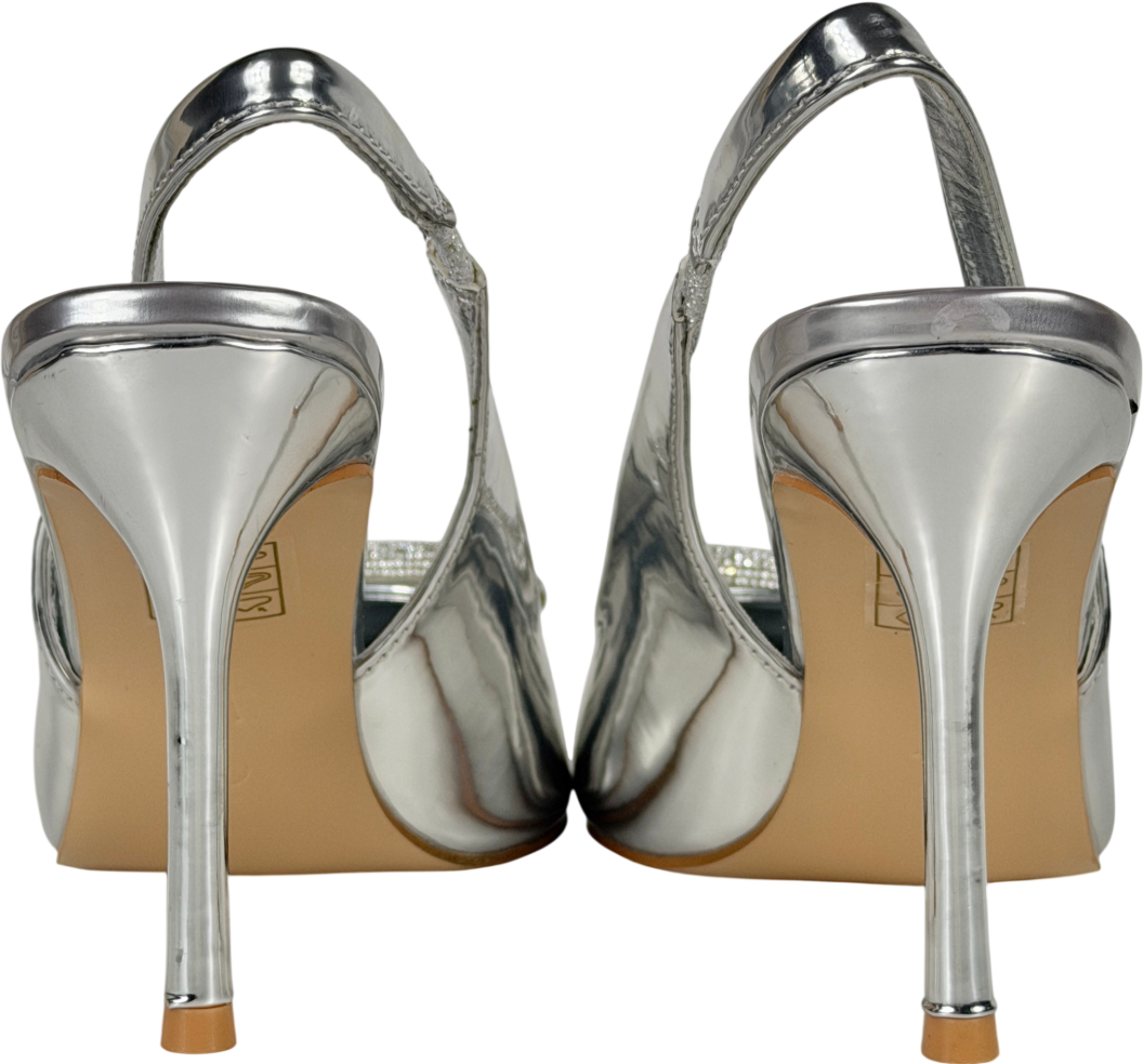 Public Desire Metallic Floss Mirror Silver Diamante Embellished Sling Back Court Heels UK 6 EU 39 👠