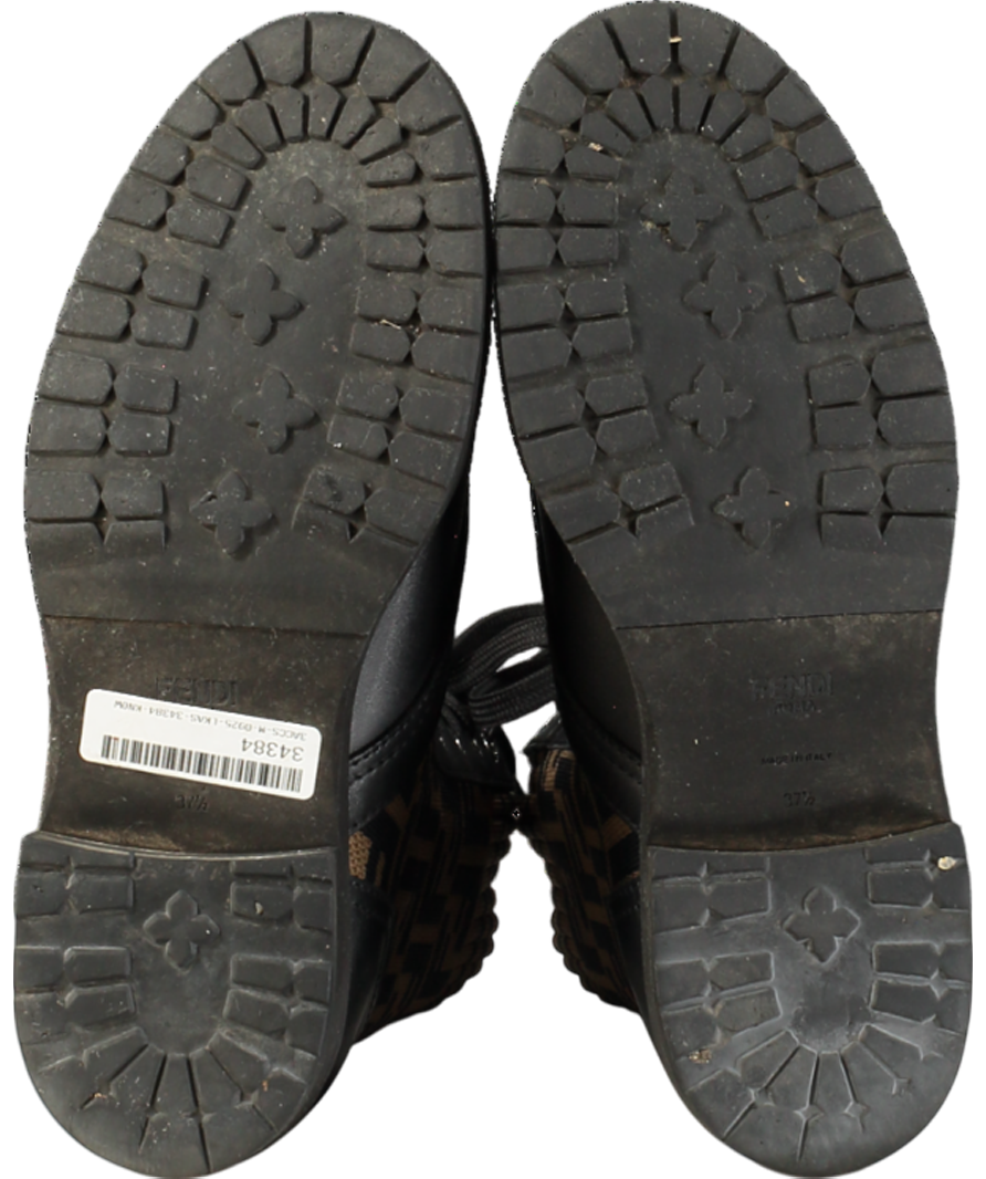 Fendi Monogram Stretch Knit And Black Leather Lace Up Combat Boots UK 4.5 EU 37.5 👠