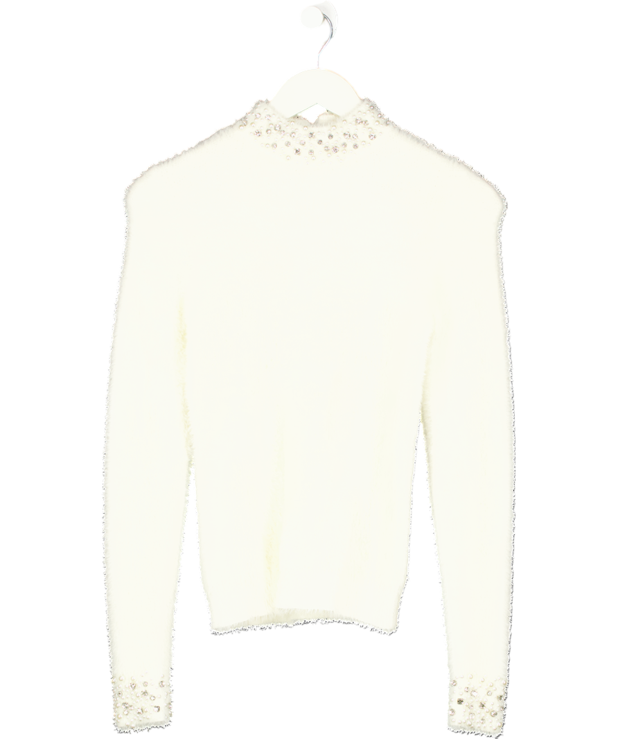 River Island Cream Pearl/Diamante Embellished High Neck Fluffy Jumper UK 8