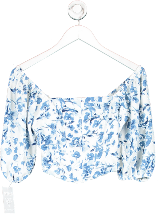 Abercrombie & Fitch Blue Puff Sleeve Corset Top With Floral Print UK XS