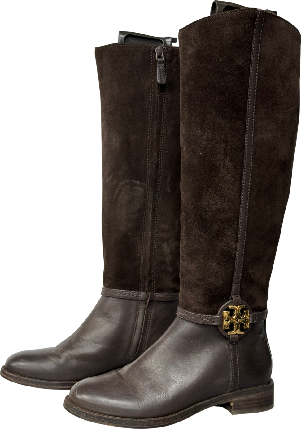 Tory Burch Chocolate Brown Leather And Suede Riding Boots With Gold Logo Hardware Us6 UK 4 EU 37 👠
