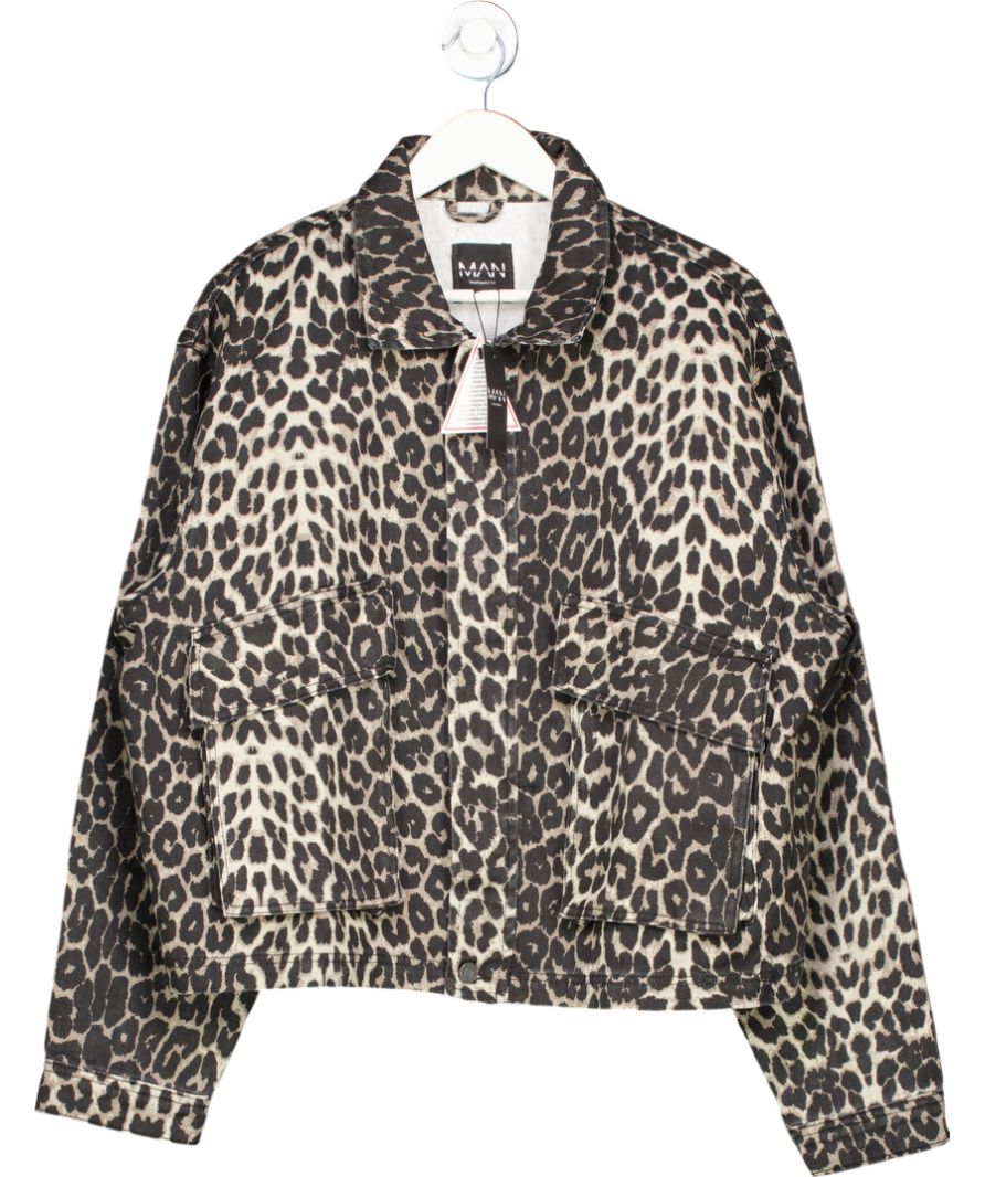 boohooMan Brown Relaxed Cropped Leopard Print Jacket UK XL