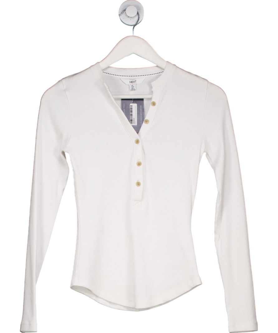Next White Ribbed Henley Long Sleeve Top UK 8