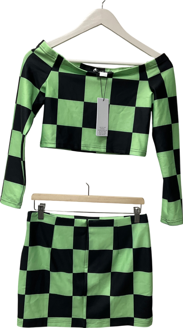Labelrail X pose and repeat Green Repeat Off Shoulder Crop Top In Lime Checkerboard UK 10