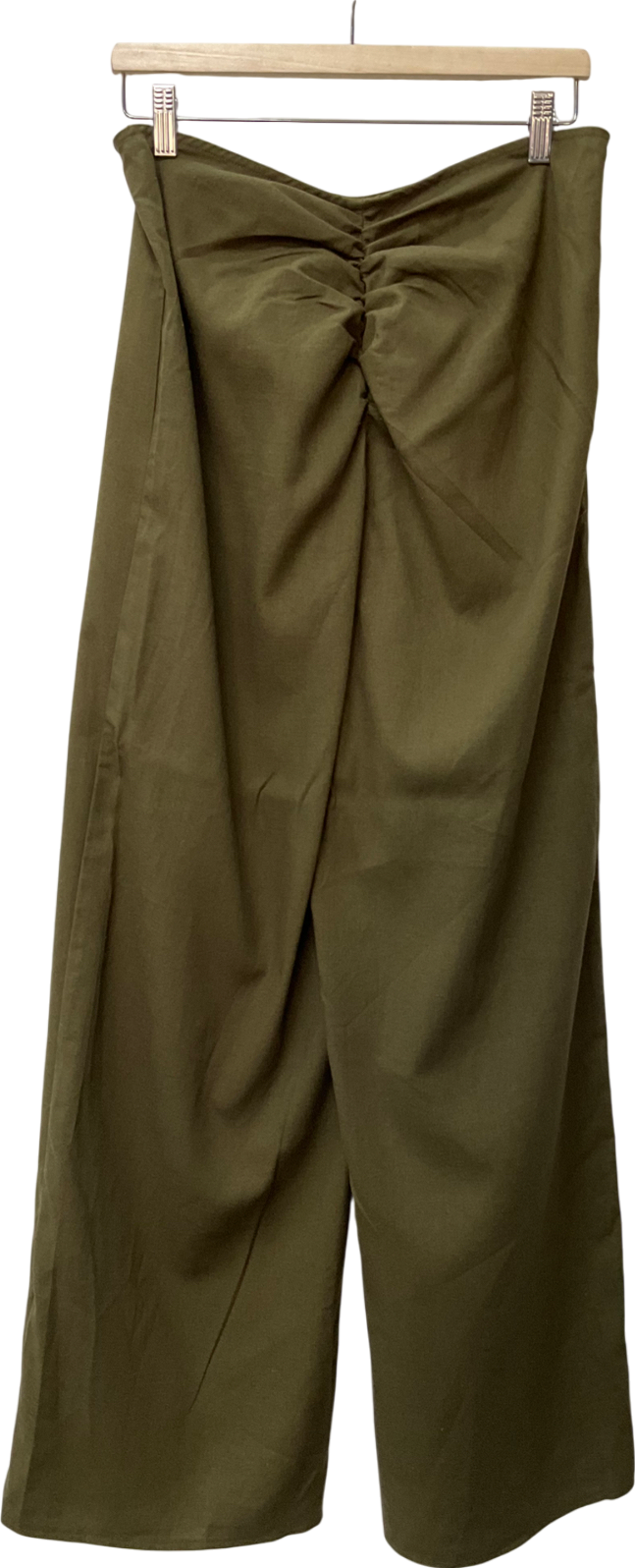 PrettyLittleThing Green Khaki Wide Leg Trousers With Ruched Bum UK 12