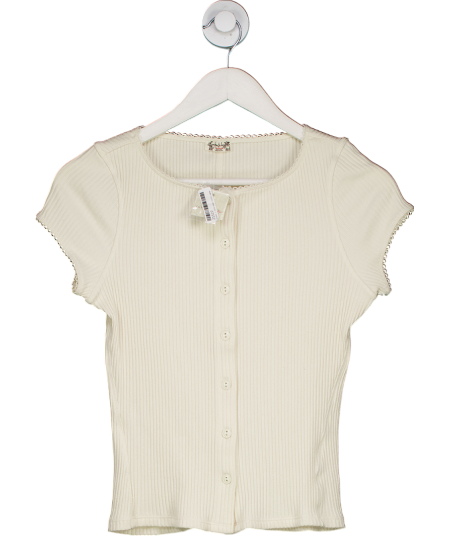 Free People Cream Ivory Button Through Ribbed T-shirt UK M