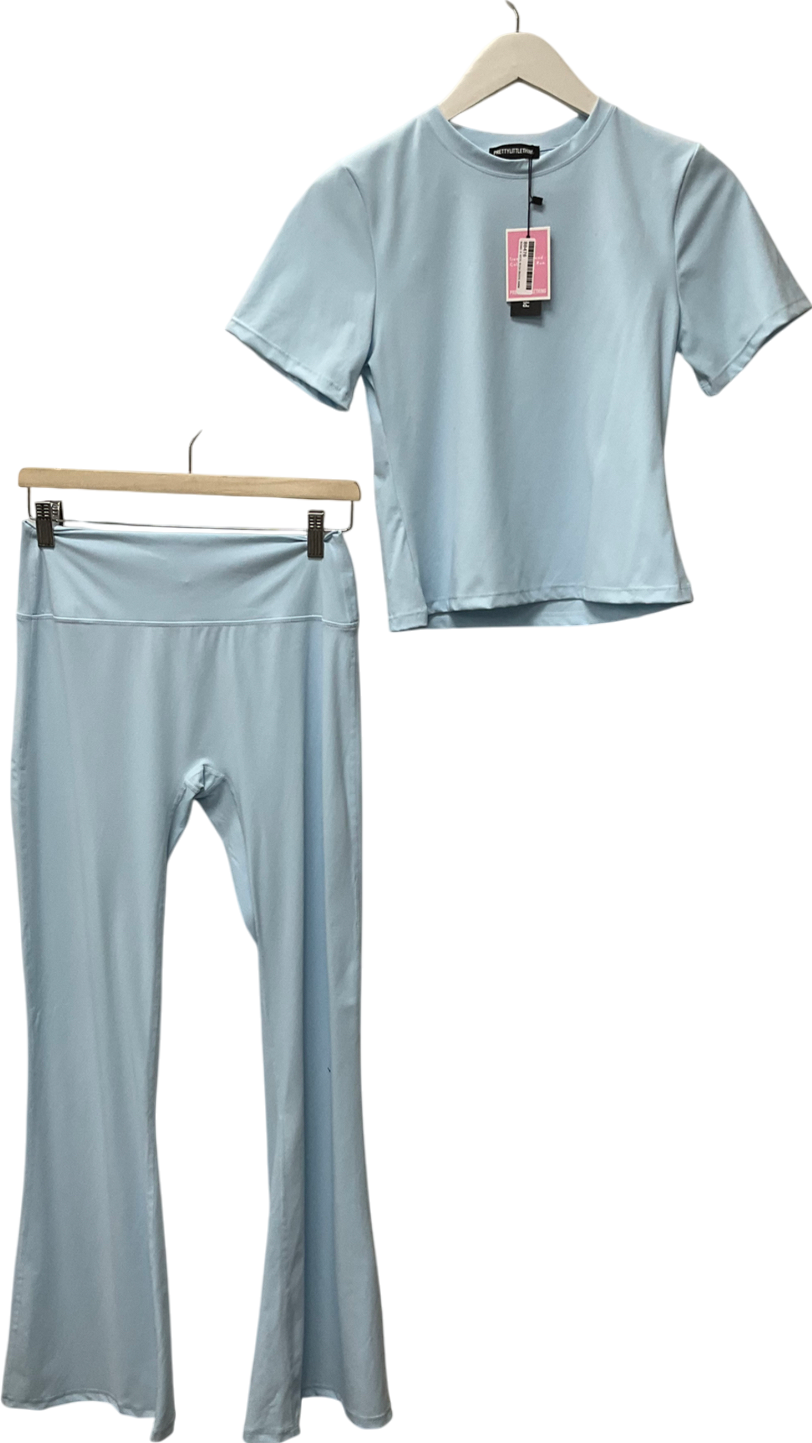 PrettyLittleThing Light Blue Sculpt Longline Short Sleeve Gym Top & Light Blue High Waist Flare Yoga Pants UK 14