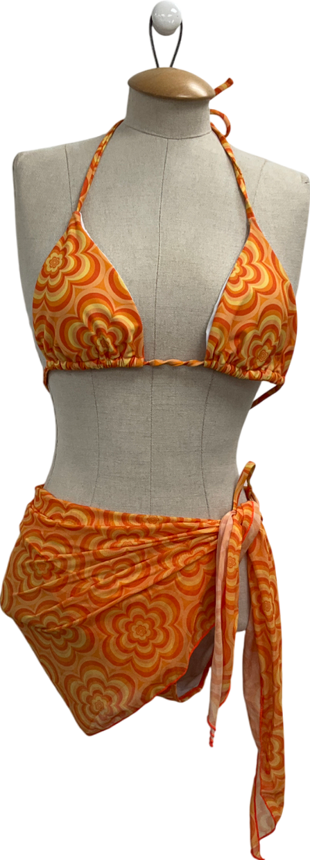 SHEIN Orange Pack Allover Floral Print Triangle Halter Bikini Set UK L