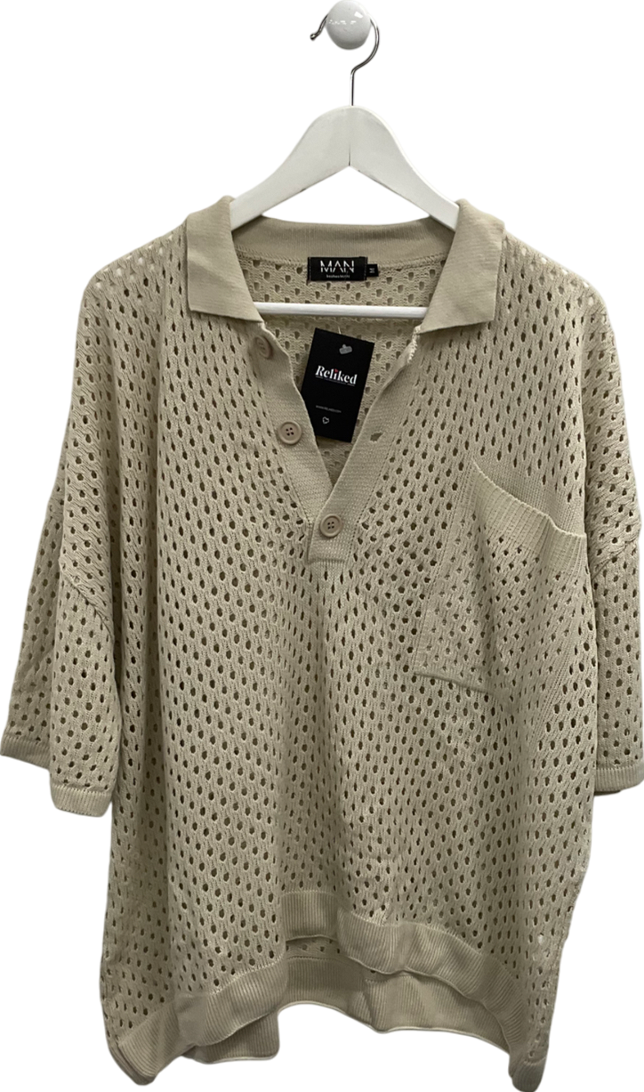 boohooMan Beige Open Crochet Polo Shirt UK M