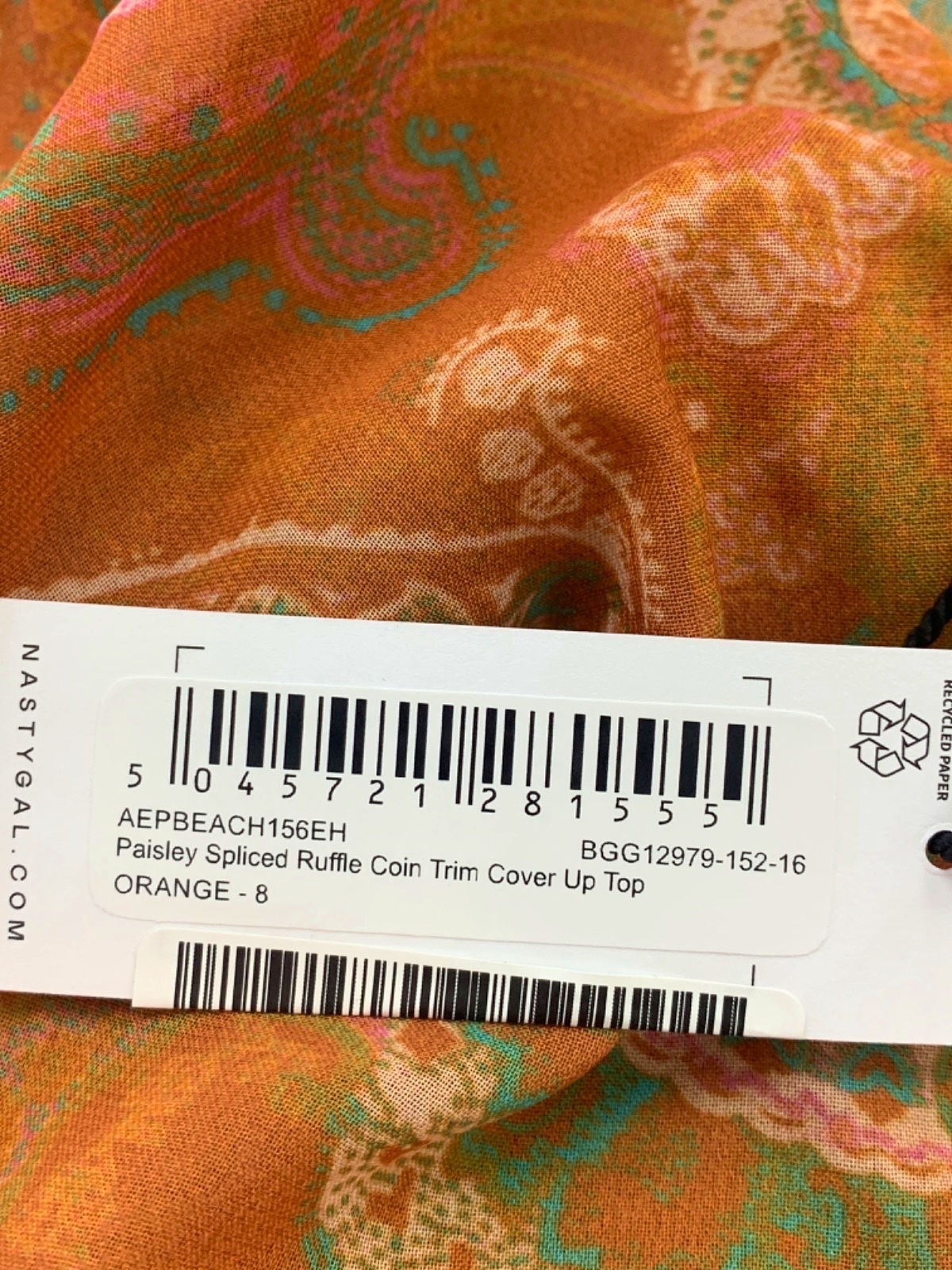 Nasty Gal Orange/Green Paisley Spliced Ruffle Coin Trim Cover Up Top UK 8