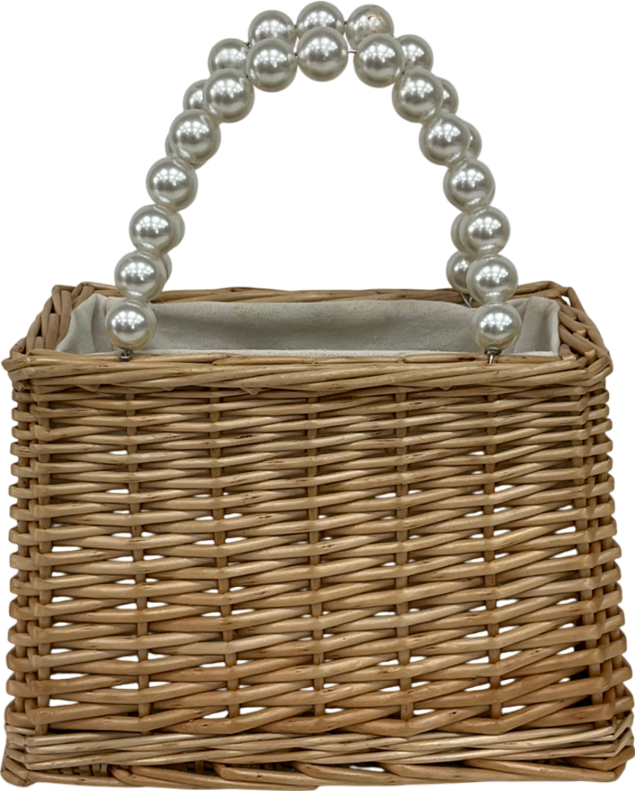 Beige Mini Ratan Handbag With Pearl Handles One Size