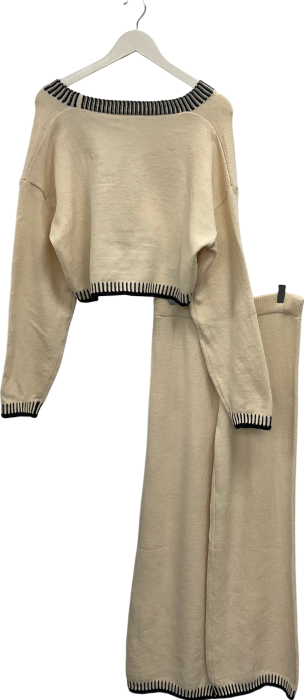 Cream Knitted Wide Leg Trouser And Cardigan Set UK L