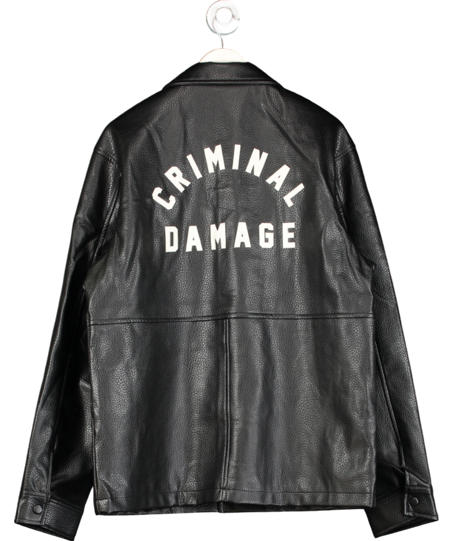 Criminal Damage Black Faux Leather Oversized Logo Workwear Shirt / Jacket UK XL
