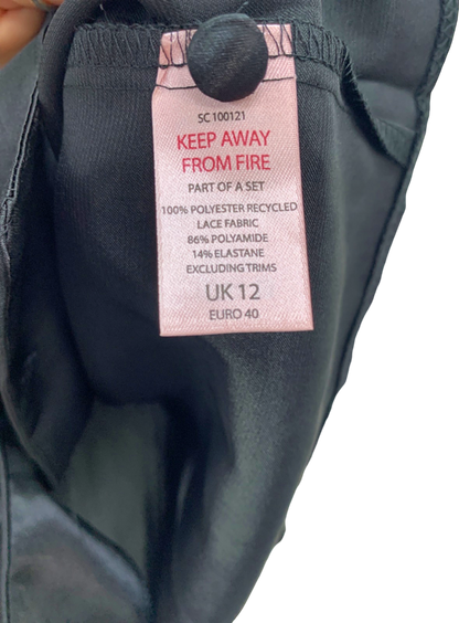Boux Avenue Black Satin Amelia 2-piece Top  & Short Set with lace trim UK 12