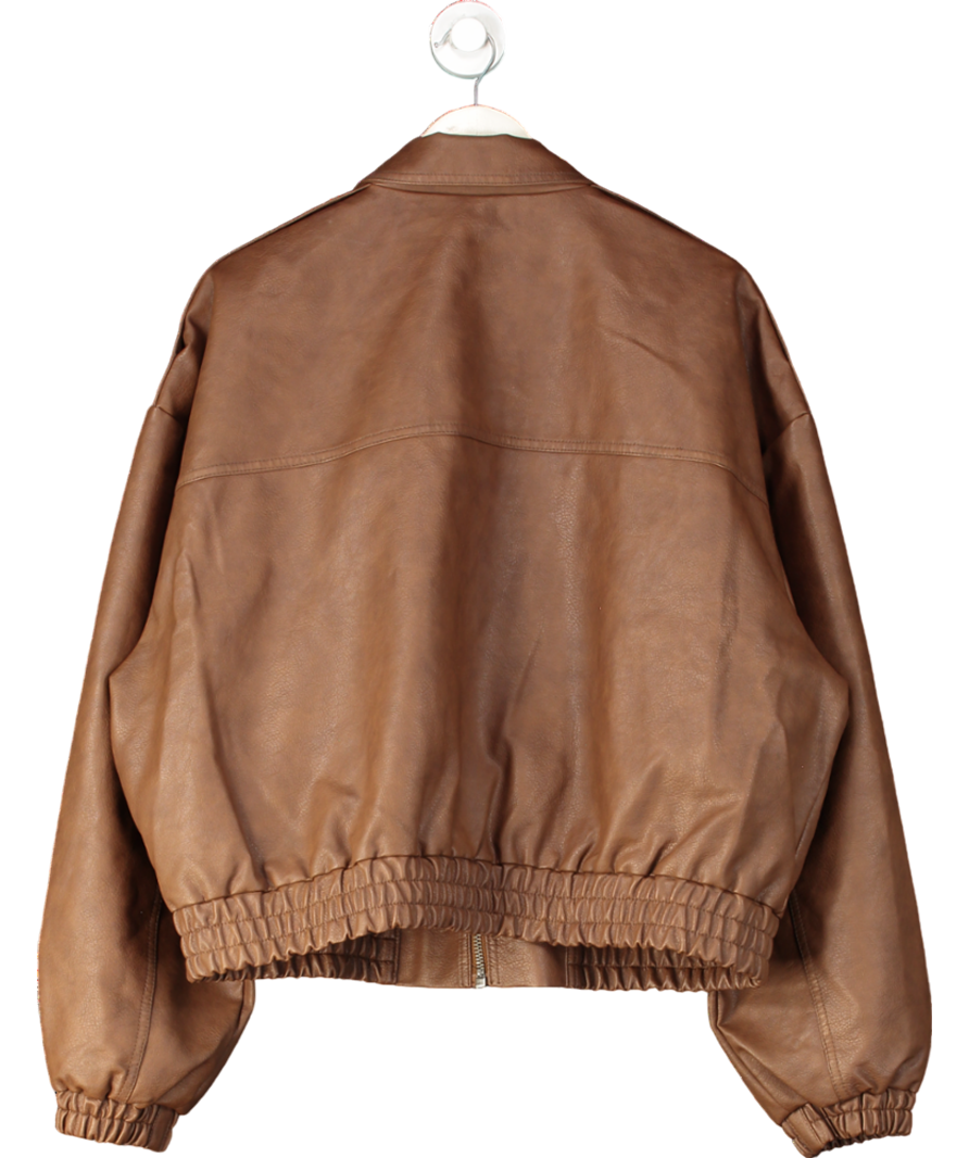 Topshop Faux Leather Oversized Bomber Jacket In Brown UK L