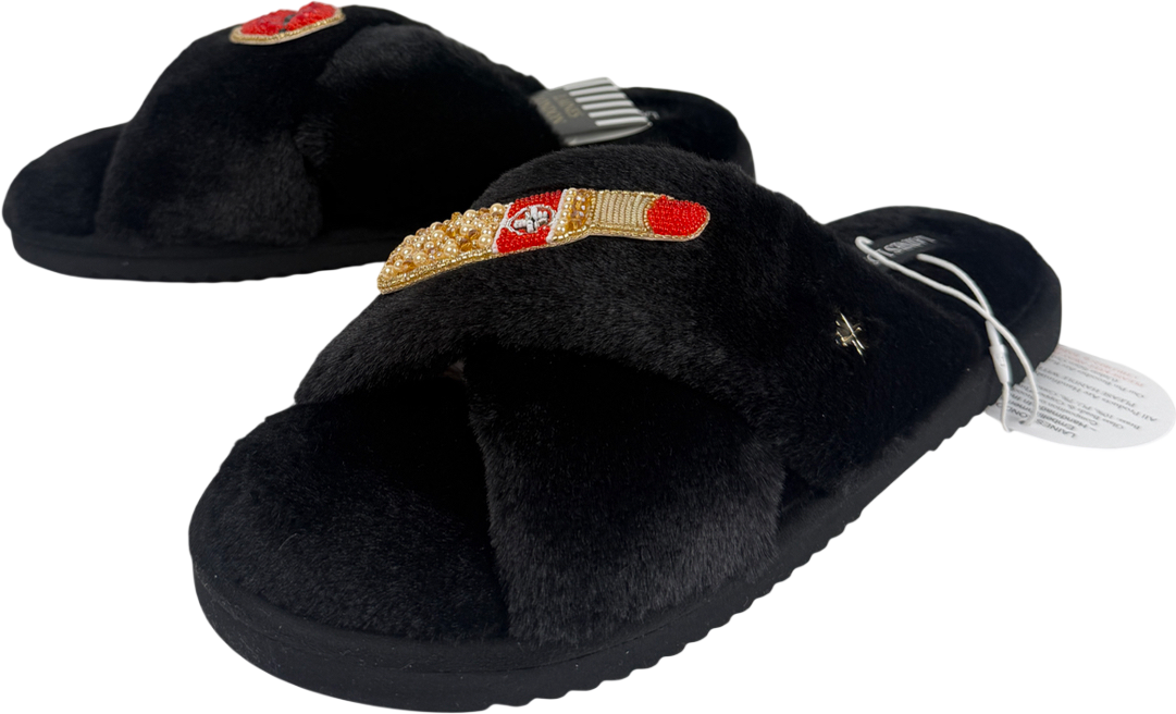 Laines London Black Lips And Lipstick Brooches Slippers - Size L UK 7/8