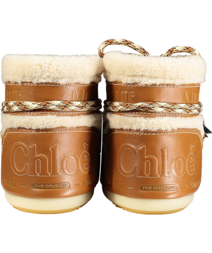 Chloé Brown Wool & Leather Logo Snow Moon Boots UK 6.5 EU 39.5 👠