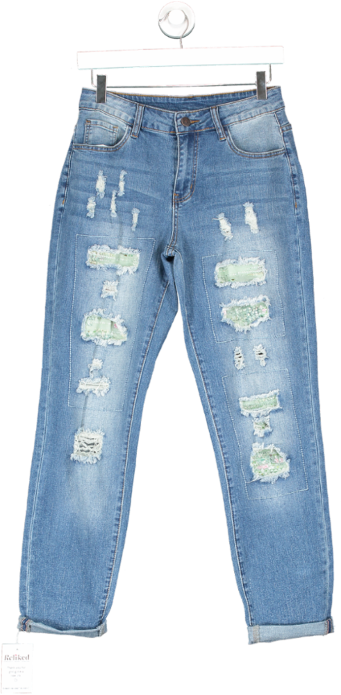 Evaless Blue Ripped Denim Casual Fit Patchwork Jeans UK 8