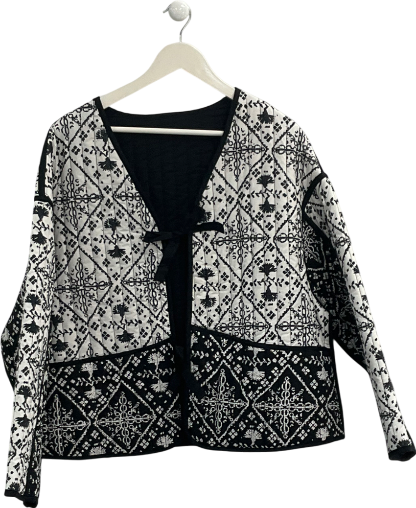Reversible Black Mono Print Tie Front Jacket UK 18