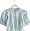 & Other Stories Blue Daisy Embroidered Cotton / Linen Blend Puff Sleeve Blouse UK 8