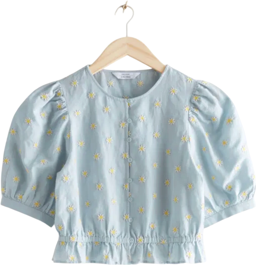 & Other Stories Blue Daisy Embroidered Cotton / Linen Blend Puff Sleeve Blouse UK 8