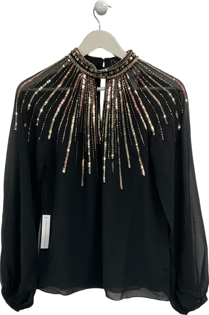 River Island Black Gold Long Sleeve Keyhole Blouse UK 6