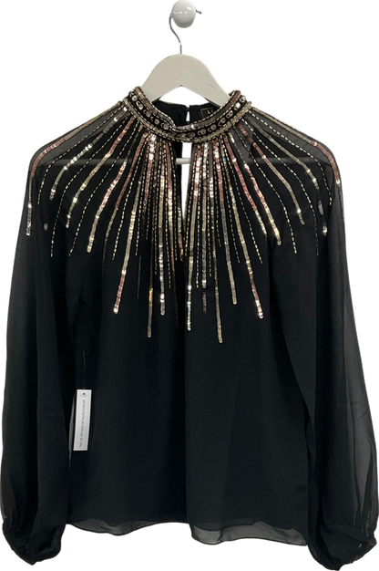 River Island Black Gold Long Sleeve Keyhole Blouse UK 6