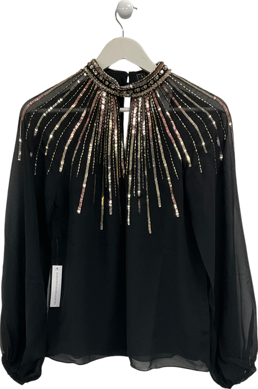 River Island Black Gold Long Sleeve Keyhole Blouse UK 6