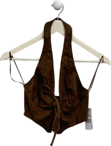 AFRM Mocha Brown Suede Lace-Up Halter Top UK XS