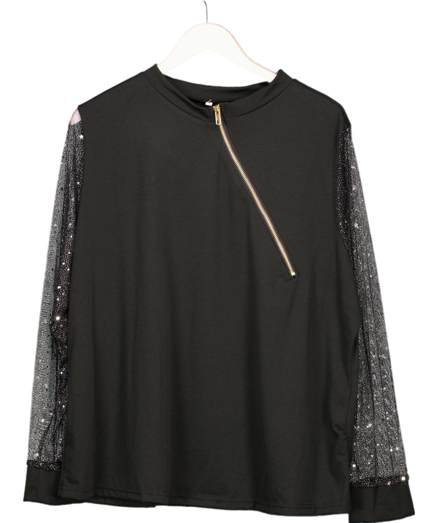 Black Zip Front Mesh Sleeve Metallic Top UK XXXL