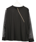 Black Zip Front Mesh Sleeve Metallic Top UK XXXL