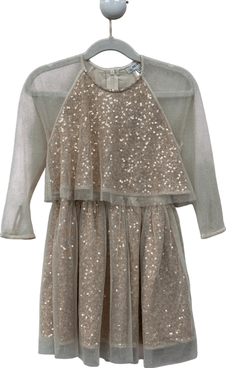 REISS Kids Metallic Rose Gold Sequin Layered Long Sleeve Dress 5-6 Years