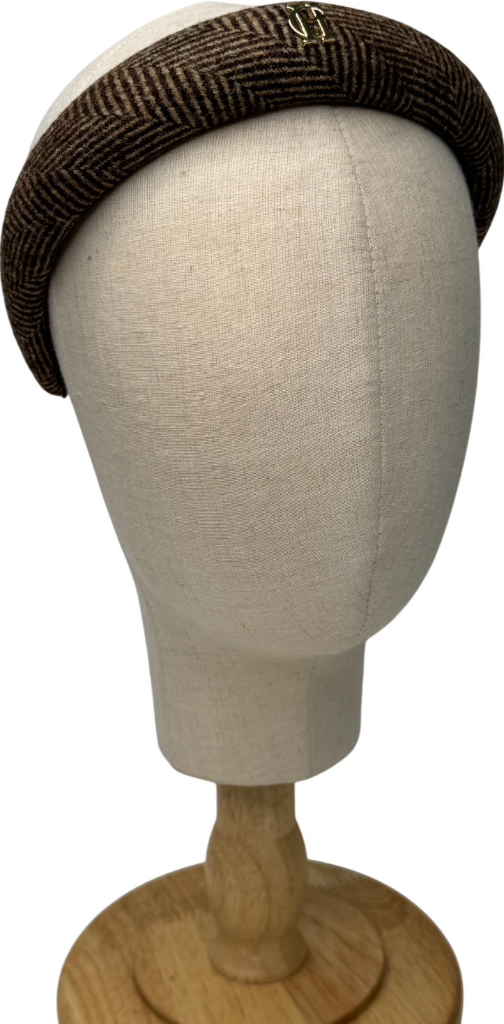 Holland Cooper Brown Herringbone Tweed Headband With Gold Crest Logo One Size