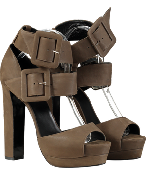 Pierre Hardy Brown Dark Taupe Double Buckle Heeled Sandals UK 8 EU 41
