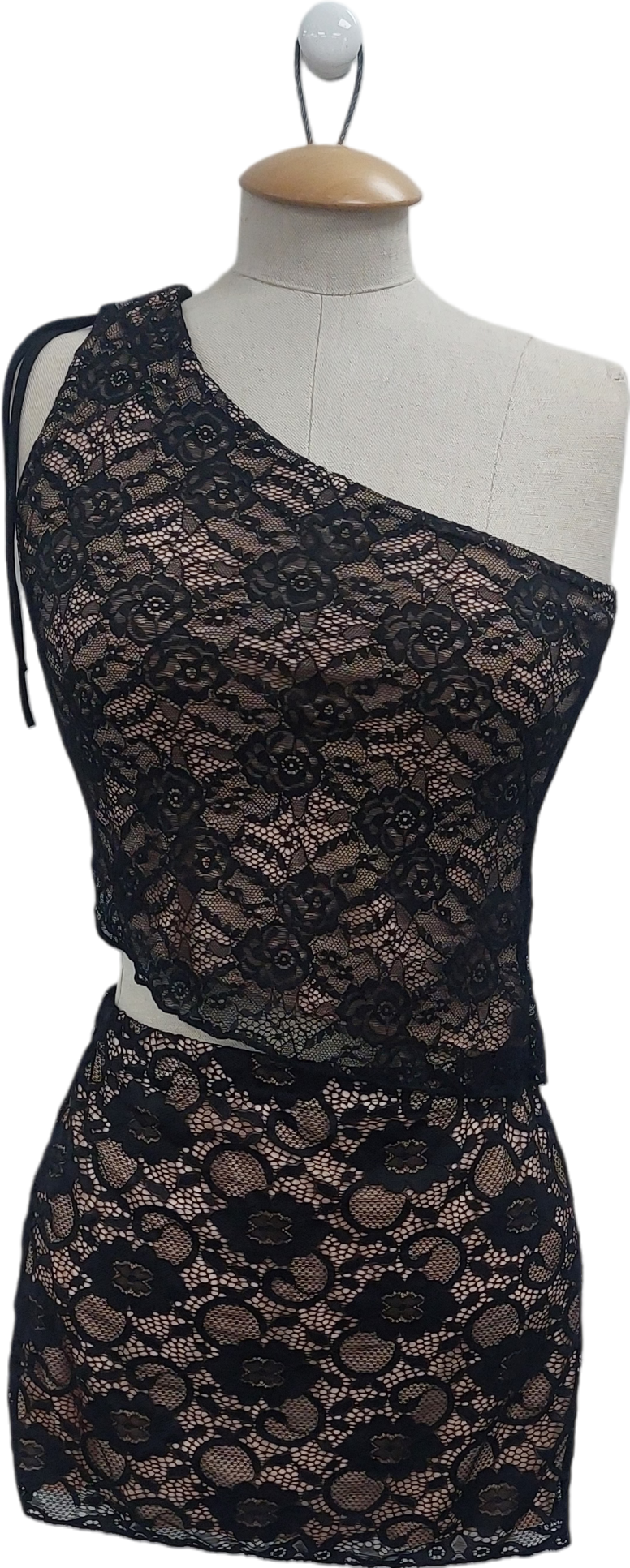 PrettyLittleThing Black Lace Ruched Side Low Rise Mini Skirt And Asymmetric Top UK 8