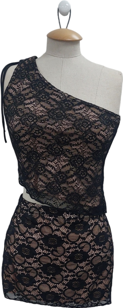 PrettyLittleThing Black Lace Ruched Side Low Rise Mini Skirt And Asymmetric Top UK 8