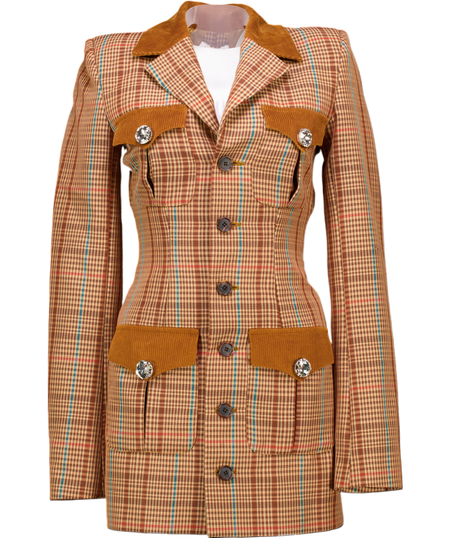 AREA Brown Crystal Button Checked Open Back Blazer Dress UK 6