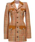 AREA Brown Crystal Button Checked Open Back Blazer Dress UK 6