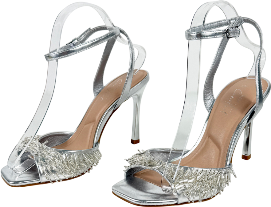 New Look Metallic Silver Faux Leather Beaded Strap Stiletto Sandals UK 5 EU 38