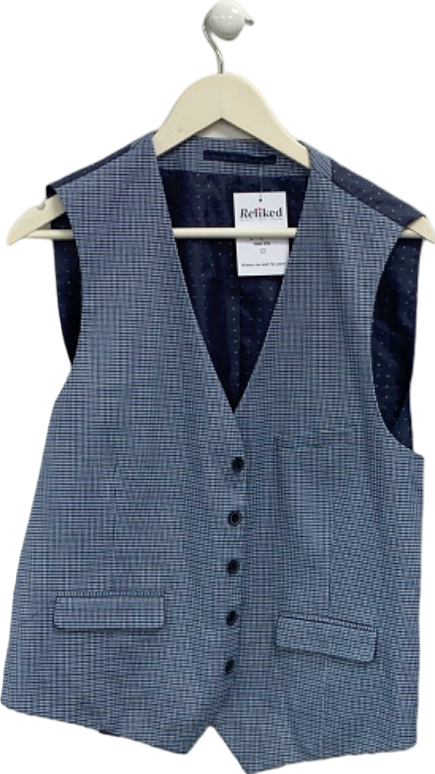 Burton Navy Blue Wool Blend Checked Waistcoat L