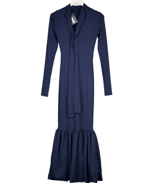 ASOS Power Shoulder Maxi Dress With Bow Back And Peplum Hem In Navy Blue UK XS