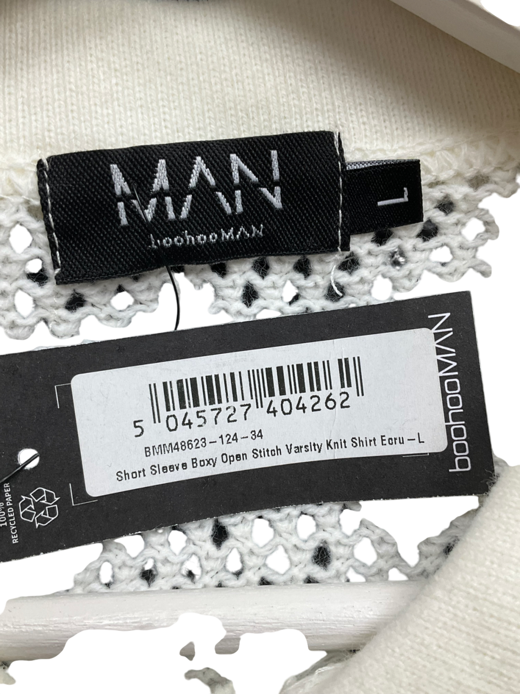 boohooMan Beige Oversized Boxy Fit Crochet Shirt UK L