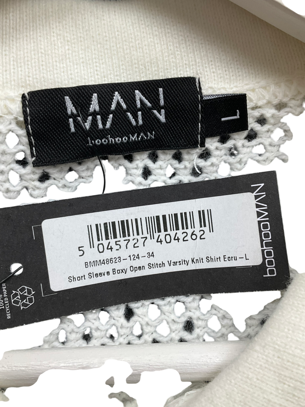 boohooMan Beige Oversized Boxy Fit Crochet Shirt UK L