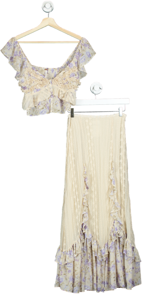 Free People Lavender and Cream Lace Trim Floral Crop Top and Skirt Set UK XS