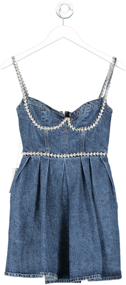 SELF PORTRAIT Blue Crystal-embellished Sweetheart Denim Mini Dress UK 4