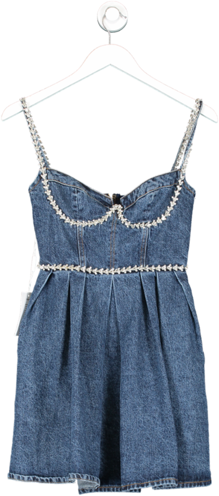 SELF PORTRAIT Blue Crystal-embellished Sweetheart Denim Mini Dress UK 4