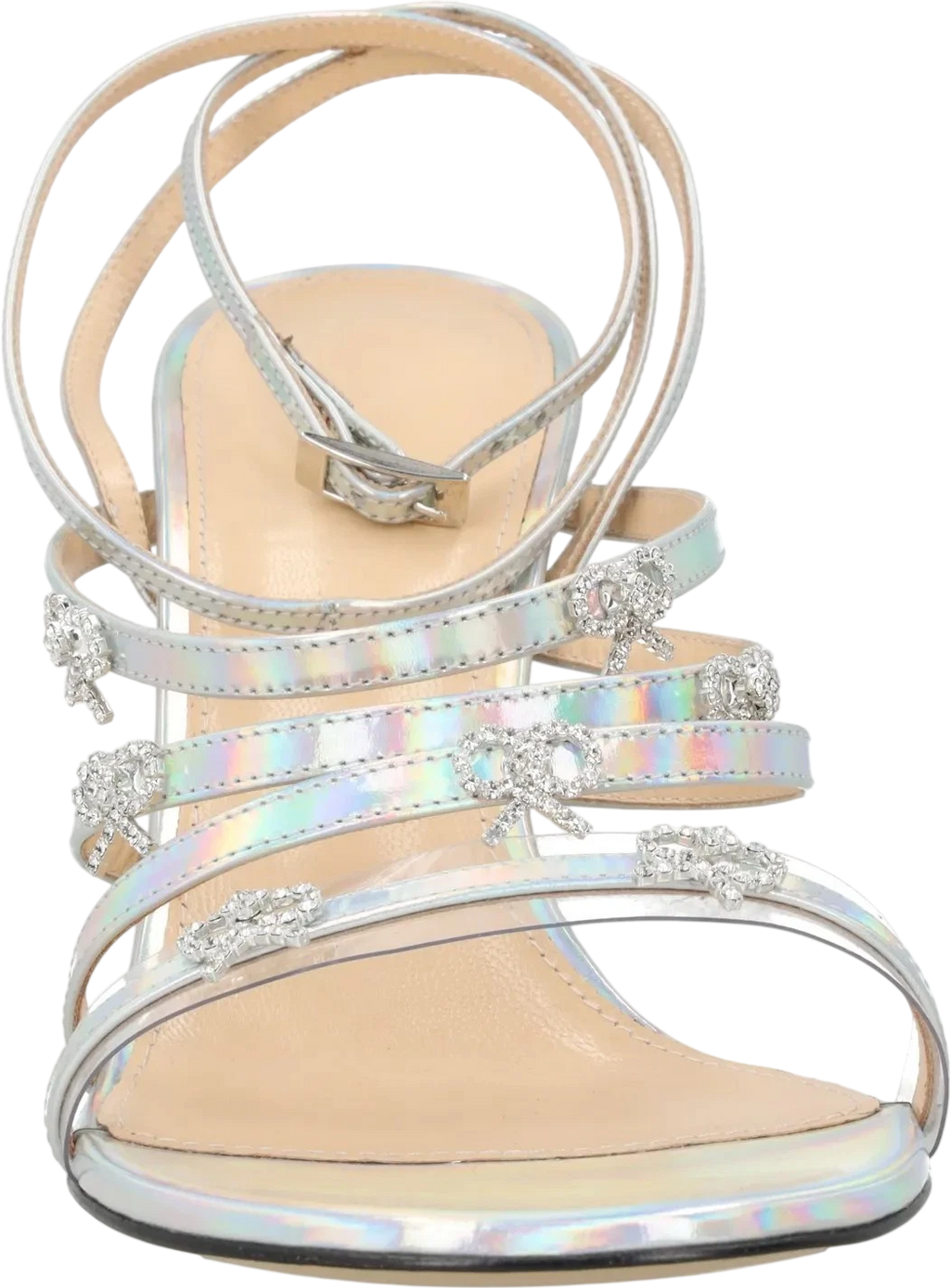 MACH & MACH Metallic Silver Iridescent Leather Crystal Bow Sandals UK 6 EU 39