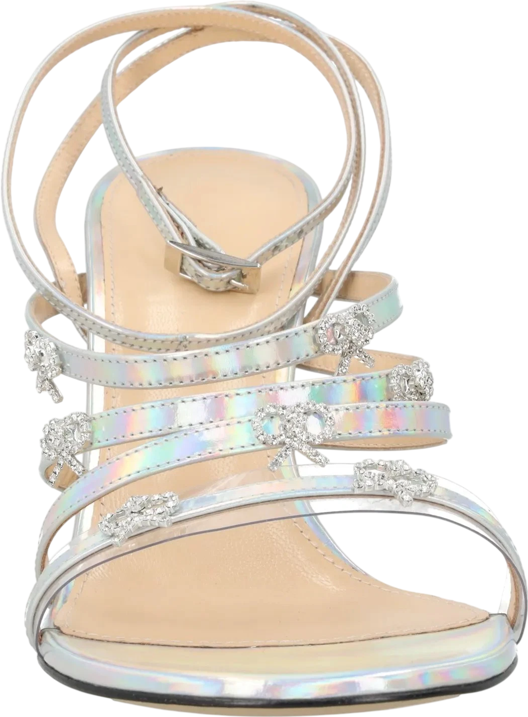 MACH & MACH Metallic Silver Iridescent Leather Crystal Bow Sandals UK 6 EU 39